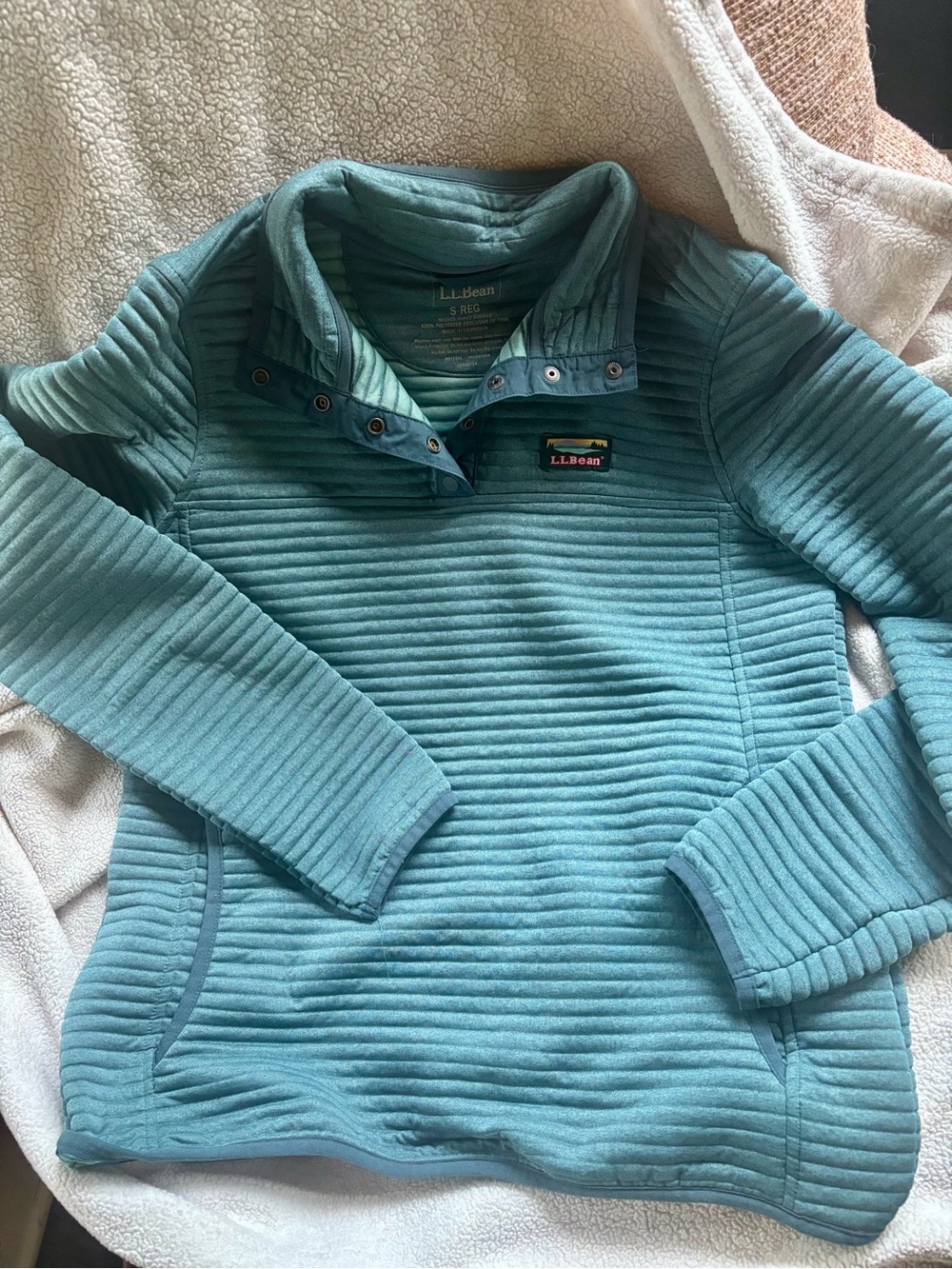 L.L.Bean Striped Ribbed Quarter-Snap Pullover - Teal